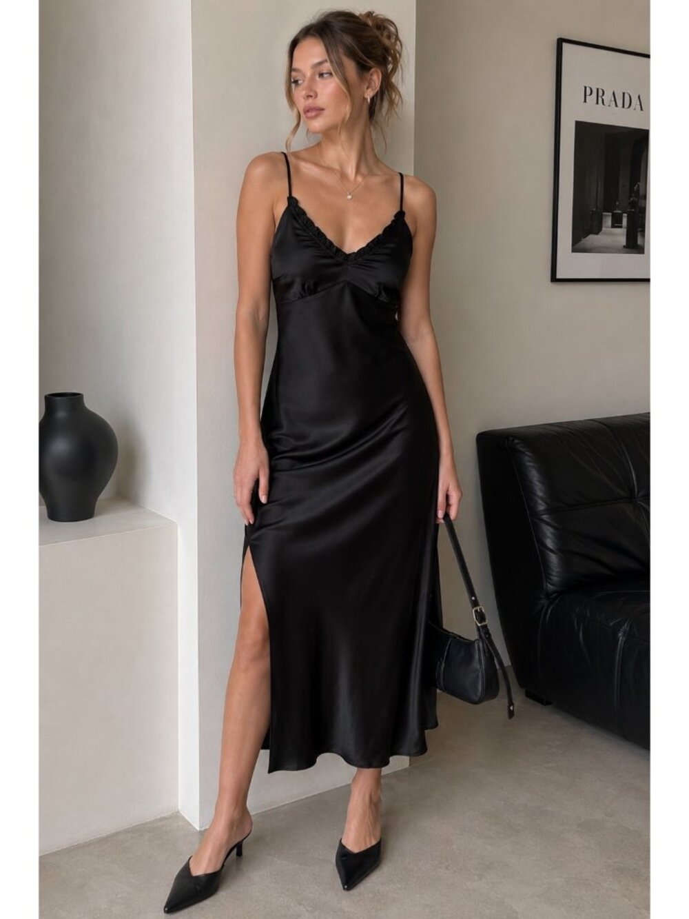 Jopna Black Satin Slip Dress Womens Small Midi Side Slit Spaghetti Strap